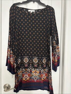 Irresistible Printed Long Sleeve Shift Dress — Black with Rust & Navy Accents